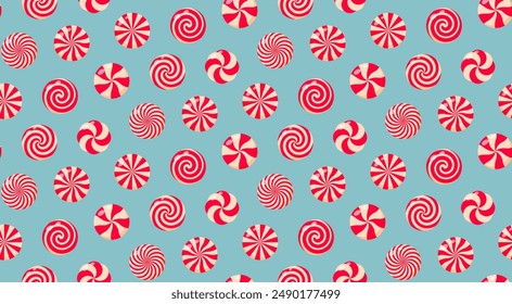 Christmas candy seamless pattern. Peppermint candies background. . Holiday traditional backdrop. Perfect for fabrics, kids clothing and fashion print.