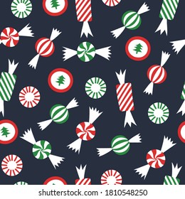 Christmas Candy Seamless Pattern. Sweet Caramel Bonbons Print. Holiday Texture For Wallpaper, Wrapping, Candy Shop. 