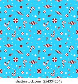 Christmas candy seamless pattern, sweets, lollipops, candy cane set. Peppermint candies red and white collection. Vector illustration.