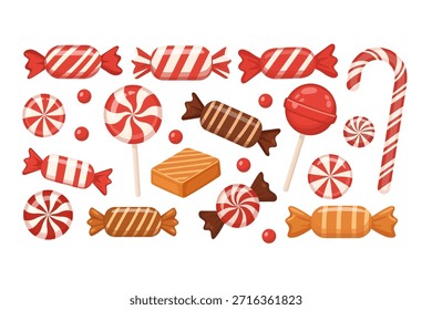 Weihnachtsbonbons mit Bonbons, Pfefferminze und süßen flachen Vektorgrafik