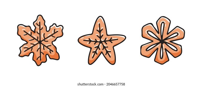 Christmas candy set of cute snowflake cookies isolated on white background. Vector multicolored doodle illustration in hand drawn style.