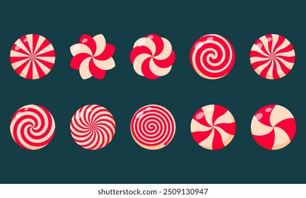 Christmas candy set. Peppermint round candies red and white collection. Assorted striped and swirl caramel without wrapper. 