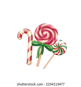 Christmas candy set vector illustration. Cartoon isolated striped cane, spiral mint lollipop and round caramel with swirls on sticks, sweet traditional candy gift for Xmas holidays or birthday party