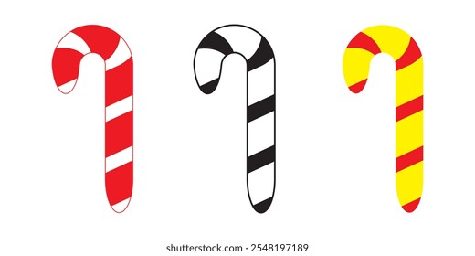 Christmas candy stick icon vector set. red and white candy, black and white candy icon isolated on white background.