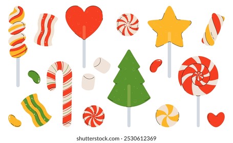 Christmas candy stickers. Vector cute set of Christmas  lollipops, candy, sweets, candy cane, marshmallow. Assorted striped and swirl caramel. Vector flat illustration isolated on white