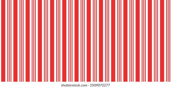 Christmas candy stripe seamless pattern. Red line candy cane background. Christmas present pattern. Winter holiday lines backdrop. Xmas gift wrapping print. Vector Illustration on white background.