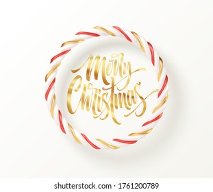 Christmas candy striped red, golden and white round frame with a gold inscription Merry Christmas. Vector illustration EPS10