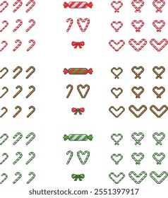 Christmas candy, sweets, candy cane set in pixel art. 16 bit peppermint candies collection. Retro 2D video-game style.