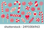 Christmas candy, sweets, lollipops, candy cane set. Peppermint candies red and white collection. Assorted striped and swirl caramel.