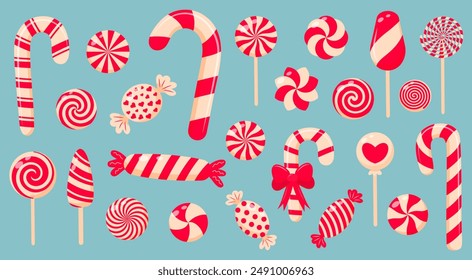 Christmas candy, sweets, lollipops, candy cane set. Peppermint candies red and white collection. Assorted striped and swirl caramel.