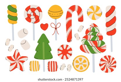 Christmas candy, sweets, lollipops, candy cane set. Peppermint candies red and white collection. Assorted striped and swirl caramel.