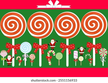 Christmas candy, sweets, lollipops, candy cane set. Peppermint candies red and white collection. Assorted striped and swirl caramel.