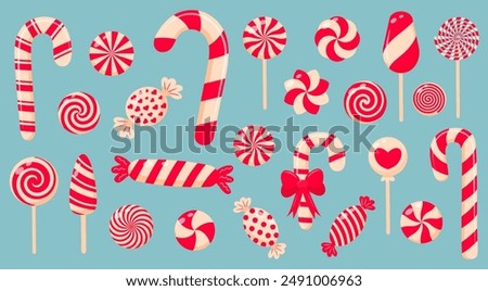 Christmas candy, sweets, lollipops, candy cane set. Peppermint candies red and white collection. Assorted striped and swirl caramel.