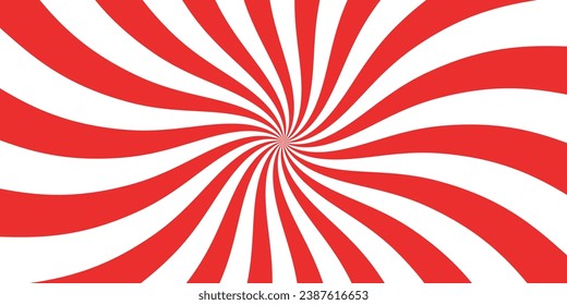 Christmas candy swirl background. Christmas candycane radial pattern with red stripes. Xmas swirl lollipop vortex texture. Peppermint traditional caramel print. Vector illustration.