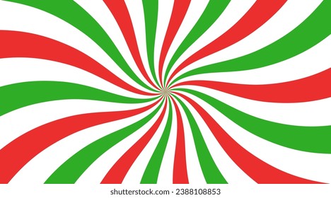 Christmas candy swirl background. Christmas candycane radial pattern with red and green stripes. Xmas swirl lollipop vortex texture. Peppermint traditional caramel print. Vector illustration.