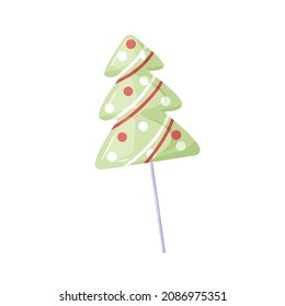 Christmas candy. Xmas fir tree lollipop on stick. Sweet hard caramel. Festive sugar lolly. Yummy sucker for New Year. Flat vector illustration of glossy dessert isolated on white background