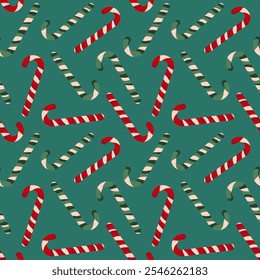 Christmas cane, candy cane seamless template Festive traditional, Merry Christmas and New Year, green background For wrapping paper, background, fabric Vector