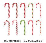 Christmas cane candy. Vector. Stick isolated. Decoration sugar lollipop. Holiday red background. Cartoon illustration. Striped traditional noel dessert. Realistic lollypop icon.
