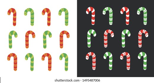 Christmas cane candy. Vector. Stick isolated. Decoration sugar lollipop. Cartoon illustration. Striped traditional noel dessert. Flat illustration of lollipop icon.