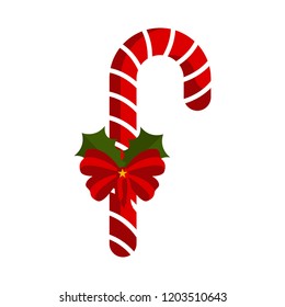 Christmas cane with holly leaves icon. Vector illustration design