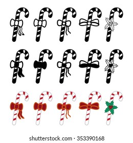  Christmas cane icons set. Colored and black/white. Vector eps10.
