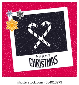 Christmas Cane,  photo frame with Snowflake border and creative typography in footer on glowing Vector background