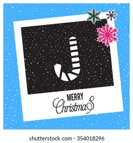 Christmas Cane,  photo frame with Snowflake border and creative typography in footer on glowing Vector background