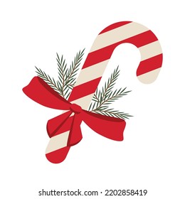 Christmas cane with red bow and spruce branches. vector illustration