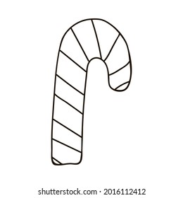 Christmas cane with stripes. Stylized christmas sign, favorite children candy. Can be used for sticker, scrap element, social media. Vector illustration with hand drawn outline isolated on background.