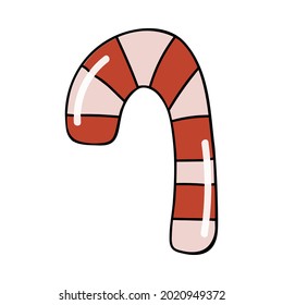 Christmas cane with stripes. Stylized christmas sign, favorite children candy. Can be used for sticker, scrap element, social media. Vector illustration with hand drawn outline isolated on background.