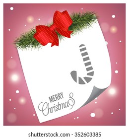 Christmas Cane. Christmas tree fir with page curl background on glowing star Pink backgrounds