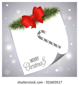 Christmas Cane. Christmas tree fir with page curl background on glowing star Gray backgrounds