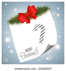 Christmas Cane. Christmas tree fir with page curl background on glowing star Blue backgrounds