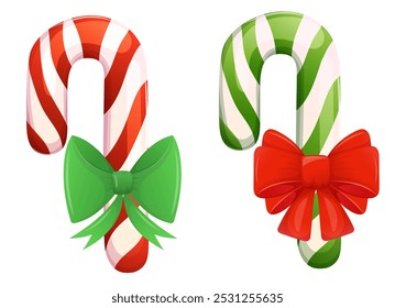 Christmas canes with bow and ribbon set. Festive sweet hard candy collection.