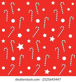 Patrón de bastones de Navidades con estrellas y un fondo rojo