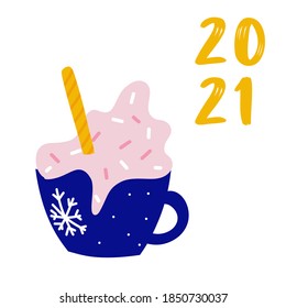 Christmas cap of coffee. Pink Isolate on  background. Vector illustration cap of coffee hand-drawn Scandinavian style