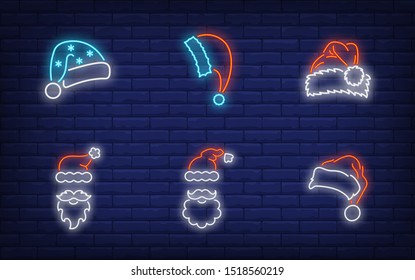 Christmas cap neon sign set. Red Santa Claus hat, beard, moustache, fur. Vector illustration in neon style, bright banner for topics like Xmas, costume, December holidays