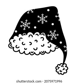 Christmas cap vector icon. Hand drawn doodle. Cute Santa hat decorated with snowflakes, fur, pompom. Black and white concept for decoration, design of cards, invitations, textiles, prints, labels, web