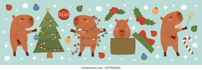 Christmas capybara collection. Capybara decorates the Christmas tree, lights Bengal lights, plays with garland and sits in a gift box. Winter set with cute animal character. Vector illustration.