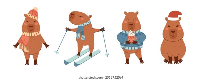 Christmas capybara collection. Capybara on skis, sweater with coffee mug, hat and scarf, santa hat. Winter set with cute animal character. Vector illustration for print, scrapbooking, social media.