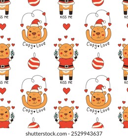 Christmas Capybara Love Seamless Pattern. Whimsical Playful Rodent wearing Santa Hat and Costume with Heart shapes baubles mistletoe text phrase. Comic style