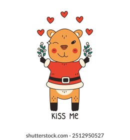 Christmas Capybara with Mistletoe dressed as Santa Claus. Cute Funny Playful Exotic animal with text and heart shapes. Adorable holiday sticker and print. Isolated vector illustration