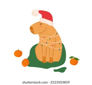 Navidades Capybara. Capybara con sombrero de Santa Claus y guirnalda de Años Nuevos. Carácter animal lindo aislado en el fondo blanco. Grande roedor. Hydrocherus hydrochaeris. Navidades tarjeta de felicitación.