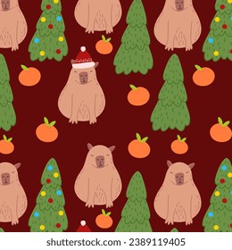 Christmas Capybara seamless pattern. New Year Capibara vector illustration for fabric, children's clothing, wrapping paper, children's textiles