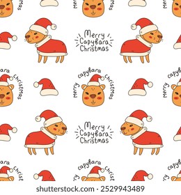 Christmas Capybara Seamless Pattern with Text. Comic Xmas background with whimsical rodent wearing traditional holiday clothes and santa hat with greeting quotes.