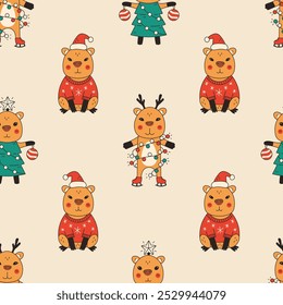 Christmas Capybara Seamless Pattern. Whimsical Xmas Background with Playful Rodent and Holiday Symbols. Knitting Sweater Pine Tree Garland Ice Skates in Vintage style