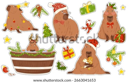 Christmas capybara sticker set with festive elements: baubles, gifts, tree branch, Xmas ornaments. Vector cartoon character illustration for planners, notebooks, packaging and holiday design