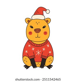 Christmas Capybara wearing Santa Hat and Knitted Sweater. Cute exotic animal in warm red clothes. Hand drawn vector illustration for seasonal greeting cards