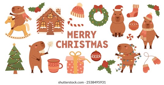 Christmas capybara and winter new year elements collection. Animals with tree, garland, sparklers. Wreath, gift box, sock, hat, holly branch vector set for scrapbooking, social media, animation.