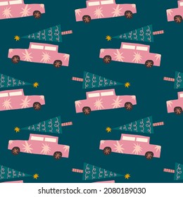 Christmas car carrying spruce childish cartoon doodles boho naive funky handdrawn style art seamless pattern vector 